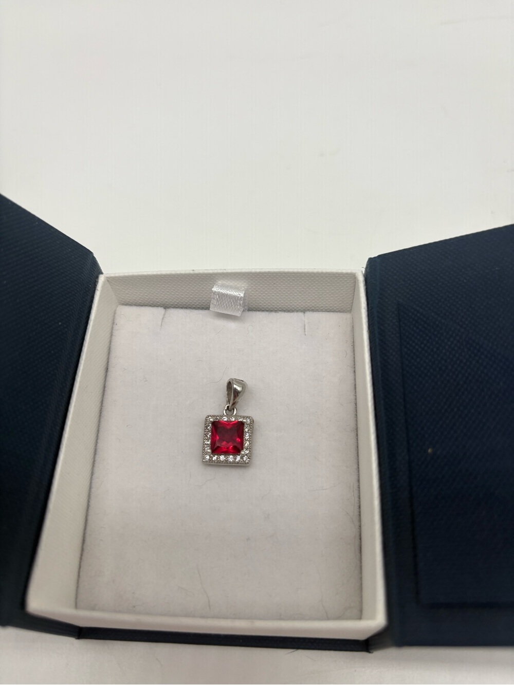 Ruby Red Emerald Square Cut Gem in Halo Design Silver Tone Pendant